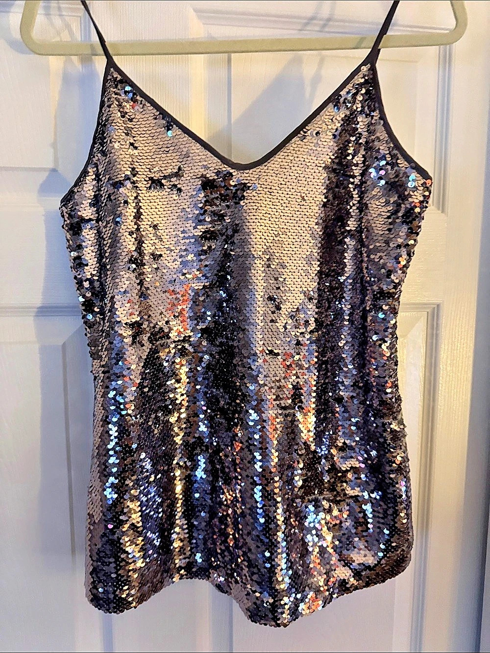 Ann Taylor Sequin Drapey Cami Black & Silver Camisole XS